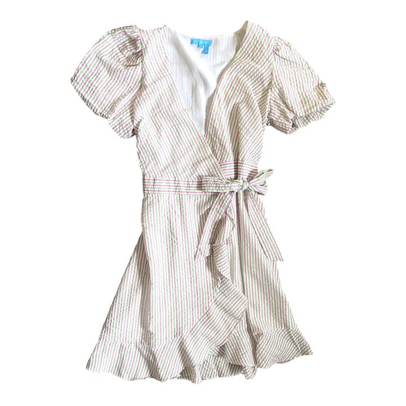 NEW Draper James RSVP Puff Sleeve Pinstripe V-Neck Bow Wrap Dress Size Small - Picture 3 of 8